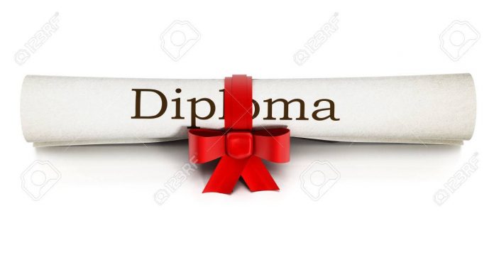 47033384 rolled up diploma isolated on white background